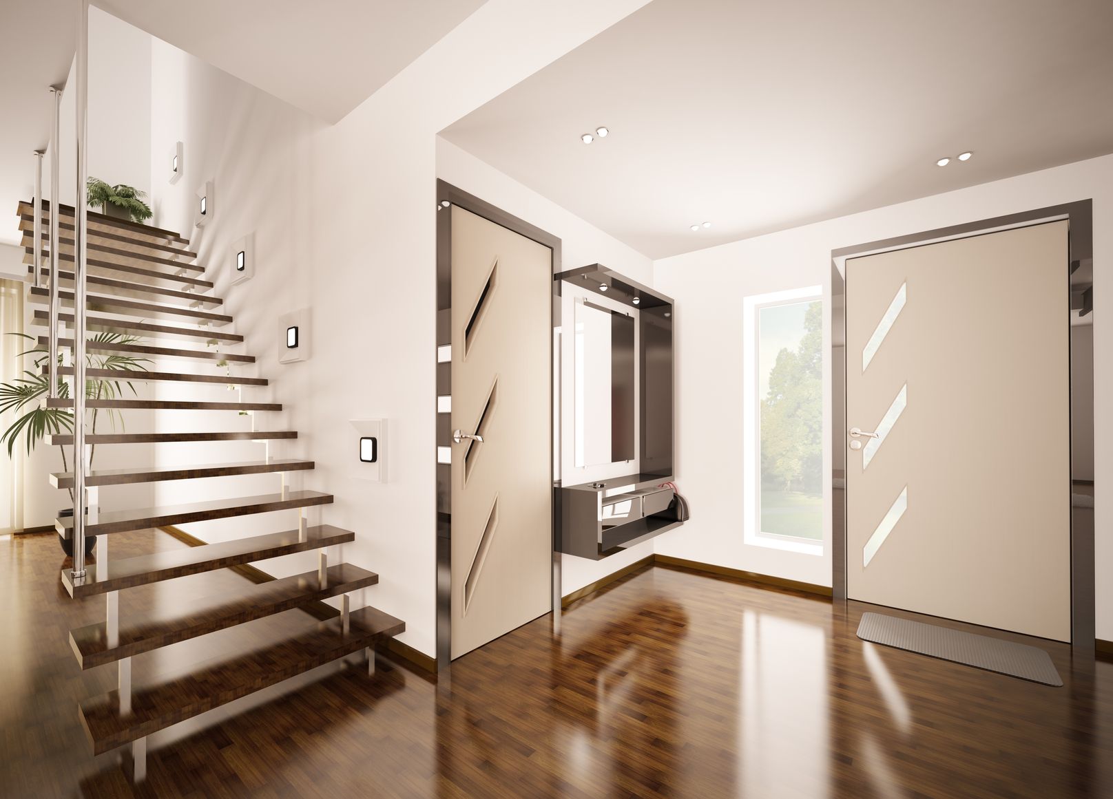 Moderner Eingangsbereich mit Holztreppe, Designer-Innentüren und Spiegelkonsole